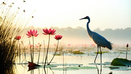 Naklejka premium A crane wades gracefully through shallow water surrounded by blooming lotus flowers. Generative AI