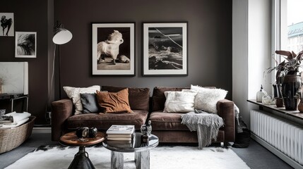 A Modern Living Room with a Brown Sofa and Black and White Artwork