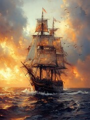 Obraz premium Majestic tall ship sailing at sunset with dramatic sky and seagulls