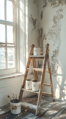Wooden ladder, paint cans, and brushes resting near window in room with damaged wall