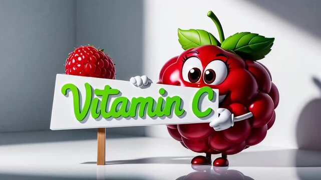 Cartoon happy character raspberry with sign inscription vitamin C


