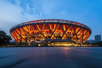 Obraz premium Modern Stadium Illuminated at Dusk