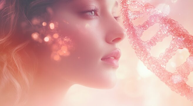 A double exposure of an elegant woman's face and a DNA helix, symbolizing the concept that quantum waves can influence distant galaxies in skincare with pink hues.