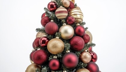 Elegant white Christmas tree with red and gold ornaments for the holidays