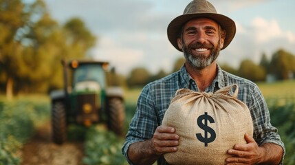Happy farmer holding money bag in cultivated field with tractor at sunset