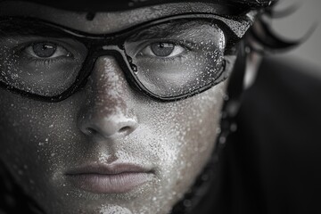 Intense focus of a cyclist with rain-drenched face and glasses