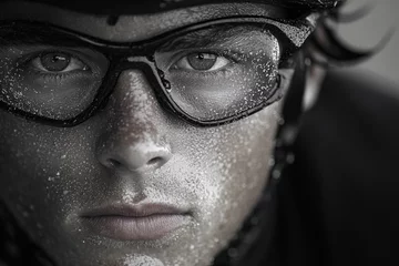 Intense focus of a cyclist with rain-drenched face and glasses © Hanna