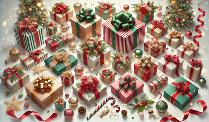 Fototapeta premium Beautifully wrapped Christmas gifts with various designs, bows, and seasonal decor in classic holiday colors, perfect for creating a festive and cheerful gift display.