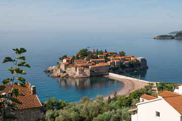 Sveti Stefan historic island village and beach view