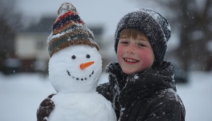 A joyful child builds a snowman in a snowy winter wonderland with falling snow