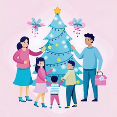 Fototapeta premium Festive Family Gathering Around Christmas Tree with Decorations and Gifts