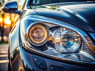 Close-up view of a car headlight at sunset highlighting sleek design features. Generative AI