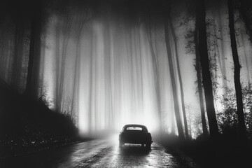 Mysterious vintage car on foggy forest road at night