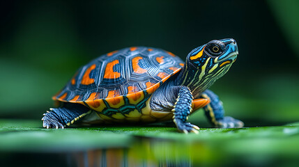 Fototapeta premium A colorful turtle rests on a green leaf, showcasing its vibrant shell patterns against a blurred natural background.