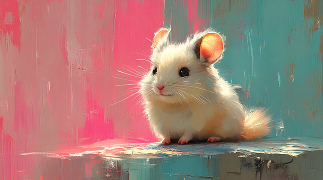 A fluffy, cute small rodent with large ears sits on a colorful background, exuding charm and innocence.
