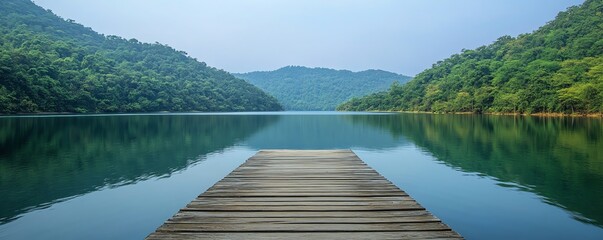 A picturesque scene of a lonely wooden platform at a calm lake, with lush green mountains providing a breathtaking backdrop under a clear sky