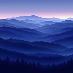 Obraz premium A serene twilight landscape showcasing rolling mountains in shades of blue and purple, with a dense forest at the bottom, creating a tranquil and mystical atmosphere.