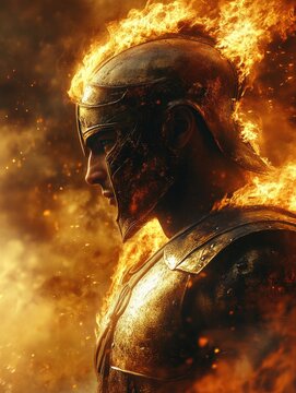 Fiery warrior in burning armor: flames and bravery amidst smoke and heat