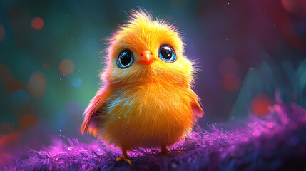 A cute, animated fluffy chick with big eyes, vibrant orange feathers, stands on a colorful, soft surface in a whimsical, magical setting.