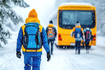 group of students n winter jacket walking towards a yellow bus on a snowy winter day