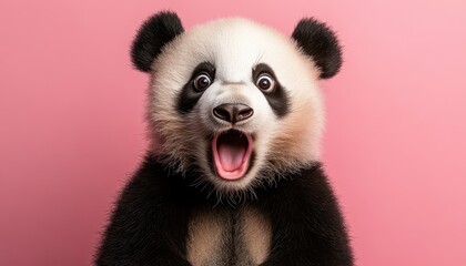 Fototapeta premium A surprised panda with big eyes isolated against a pink background