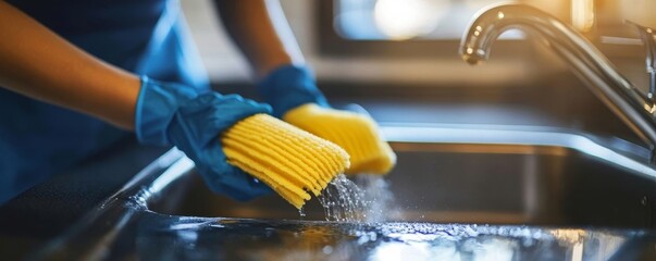 house maid cleaning sink in the kitchen with sponge and cleanser, Generative AI