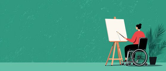A person in a wheelchair painting on an easel, set against a vibrant green background, symbolizing creativity and inclusivity.