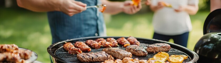 Close-up of a summer barbecue with various meats grilling on an outdoor grill, while people prepare and enjoy the food.