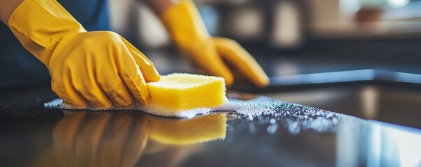 house maid cleaning sink in the kitchen with sponge and cleanser, Generative AI