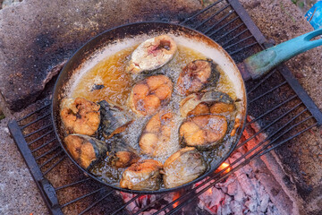 Sliced fish cooked in hot oil in a frying pan on the fire. Fried river fish in a cast iron skillet on hot ashes from the fire outdoors