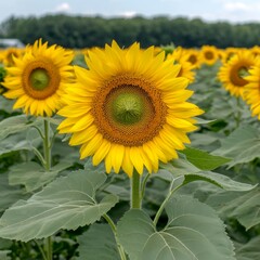 Fototapeta premium A close-up view of a sunflower with its bright yellow petals and dark brown center surrounded by other sunflowers in a field.