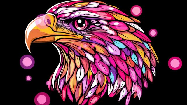 A colorful eagle head illustration against a black background with pink circles