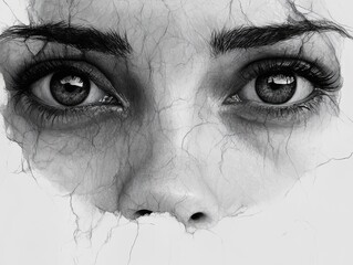 Cracked texture portrait of expressive eyes and nose in artistic grayscale