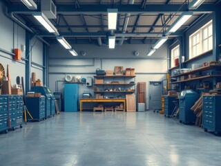 Empty blue studio background with a modern workshop in perspective, ideal for advertisement interior design websites and wallpaper mockups, perspective, advertisement, modern