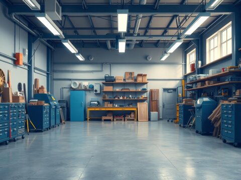 Empty blue studio background with a modern workshop in perspective, ideal for advertisement interior design websites and wallpaper mockups, perspective, advertisement, modern