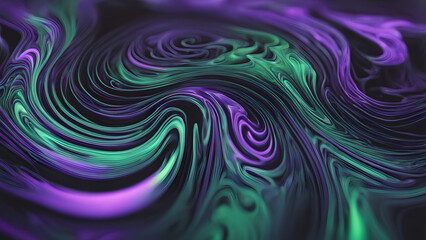 Fototapeta premium A holographic liquid swirl forming intricate patterns on a dark surface shifting from violet to green, AI generated