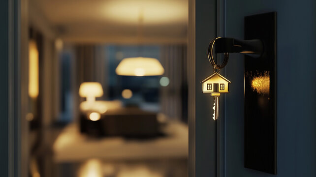 house keys with a keychain in the shape of a small golden home on a door handle at a modern apartment interior background