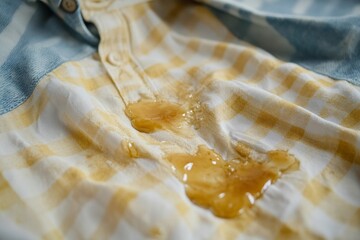 dirty food mark on clothes, Close-up food stain dirt on the shirt prepare cleaning mark removal before laundry, Generative AI