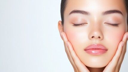 Fototapeta premium A woman with a beautiful face and a pink lip