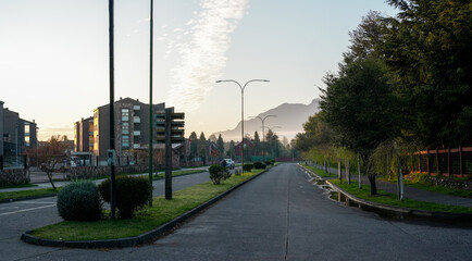 Pucon city street of residential area boulevard on a tranquil Sunday morning. Araucania Region, Chile