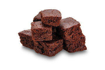 Pile of sweet crispy brownie chocolate cube isolated on white background with clipping path.