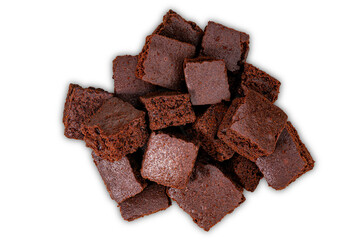 Top view pile of sweet crispy brownie chocolate cube isolated on white background with clipping path.