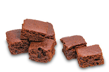 High angle view pile of sweet crispy brownie chocolate cube isolated on white background with clipping path.
