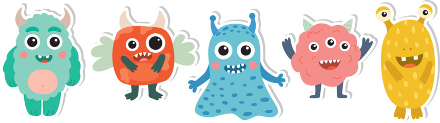 Set of stickers with funny monsters. Colorful illustration of cute characters