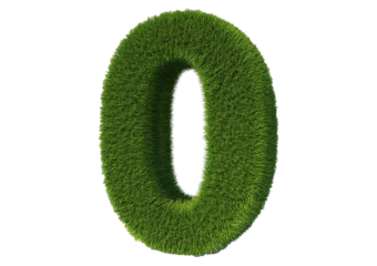 Grass font 3d rendering number 0 isolated on a transparent or white background