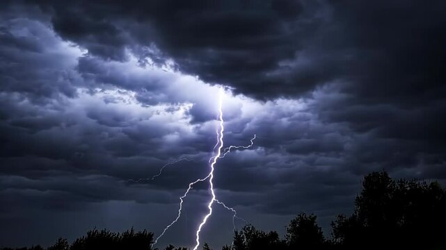 A bright bolt of lightning cuts through a dark sky, illuminating the clouds above a forest