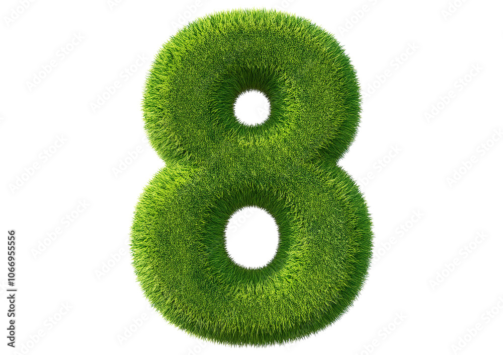 Poster grass font 3d rendering number 8 isolated on a transparent or white background