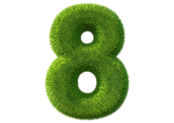 Grass font 3d rendering number 8 isolated on a transparent or white background