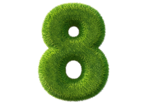 Grass font 3d rendering number 8 isolated on a transparent or white background