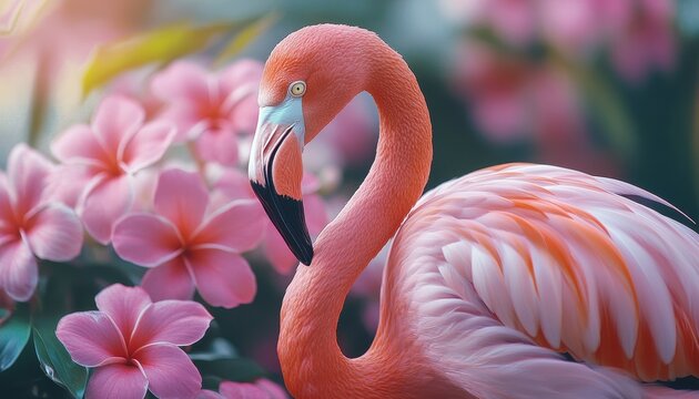 Pink flamingo perched near vibrant flamingo flowers in a lush garden setting